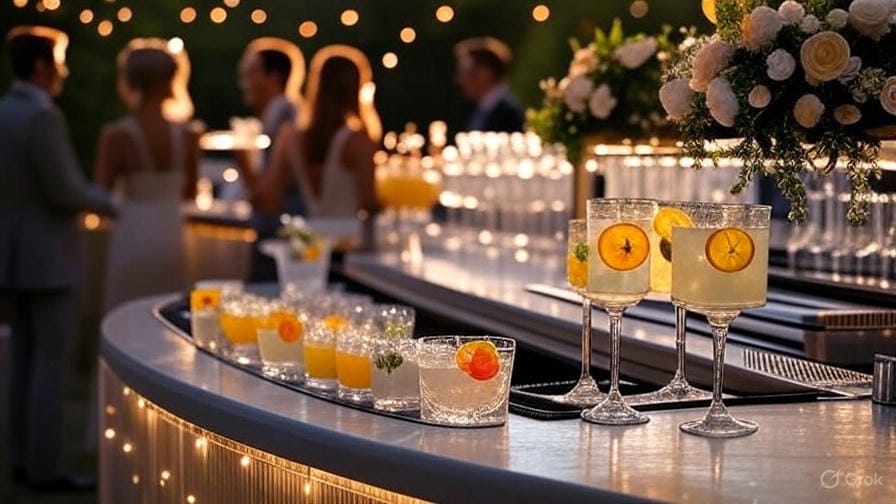 A beautifully styled outdoor wedding bar with a mocktail in hand, vibrant garnishes, smiling guests in elegant attire.