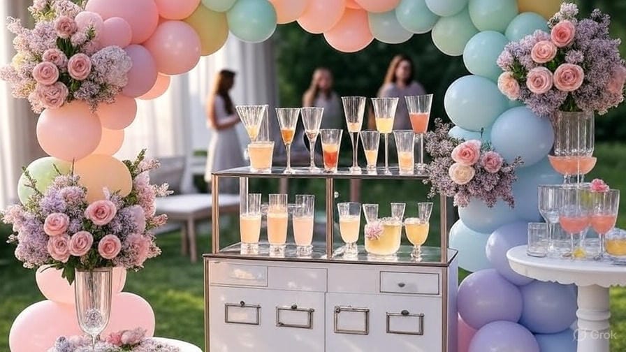 A beautifully decorated baby shower setup with pastel balloons, florals, and a drink station (no alcohol or people in focus).